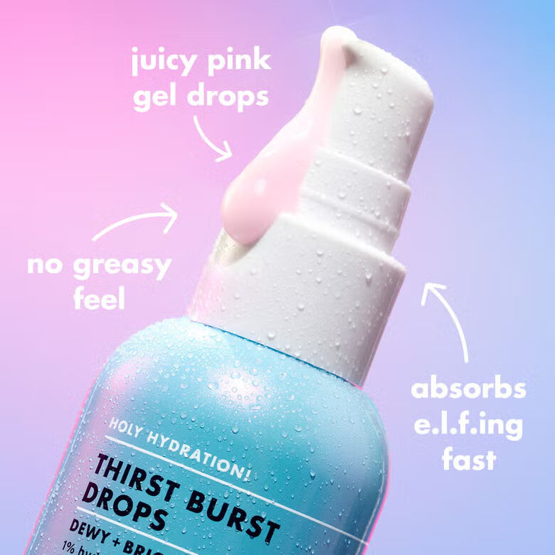 Bottle of 'Thirst Burst Drops' with text highlighting features on a pink and purple gradient background