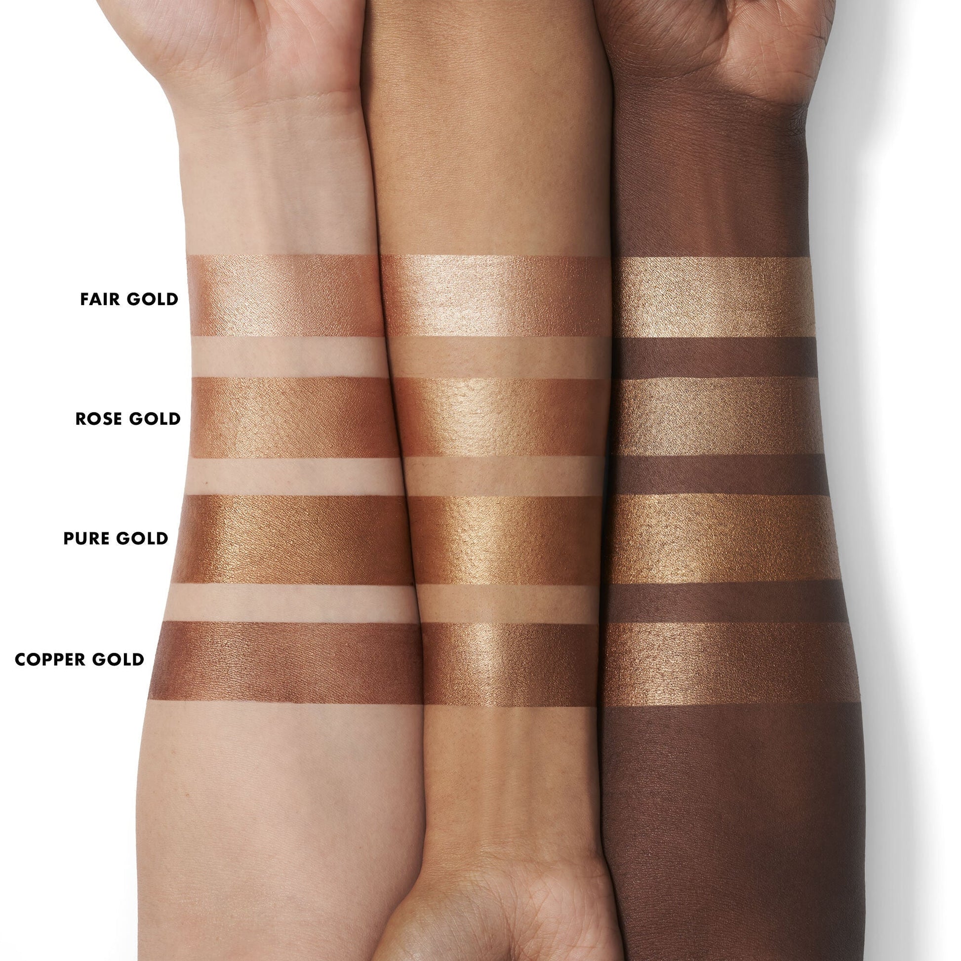 Bronzing drop tinted serum swatches on different skin tones with labels.