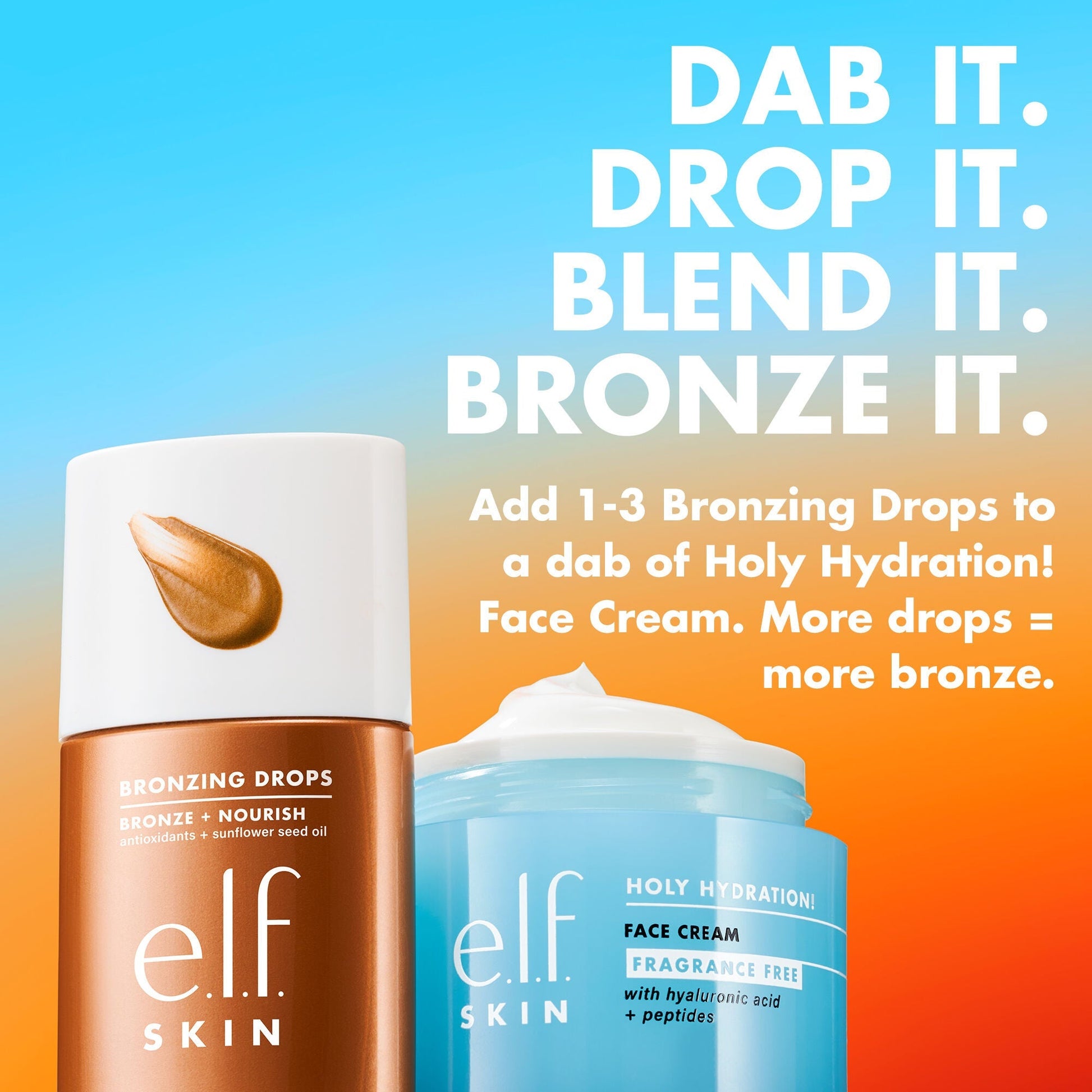 e.l.f. Skin bronzing drops and face cream with how to use text on a gradient background
