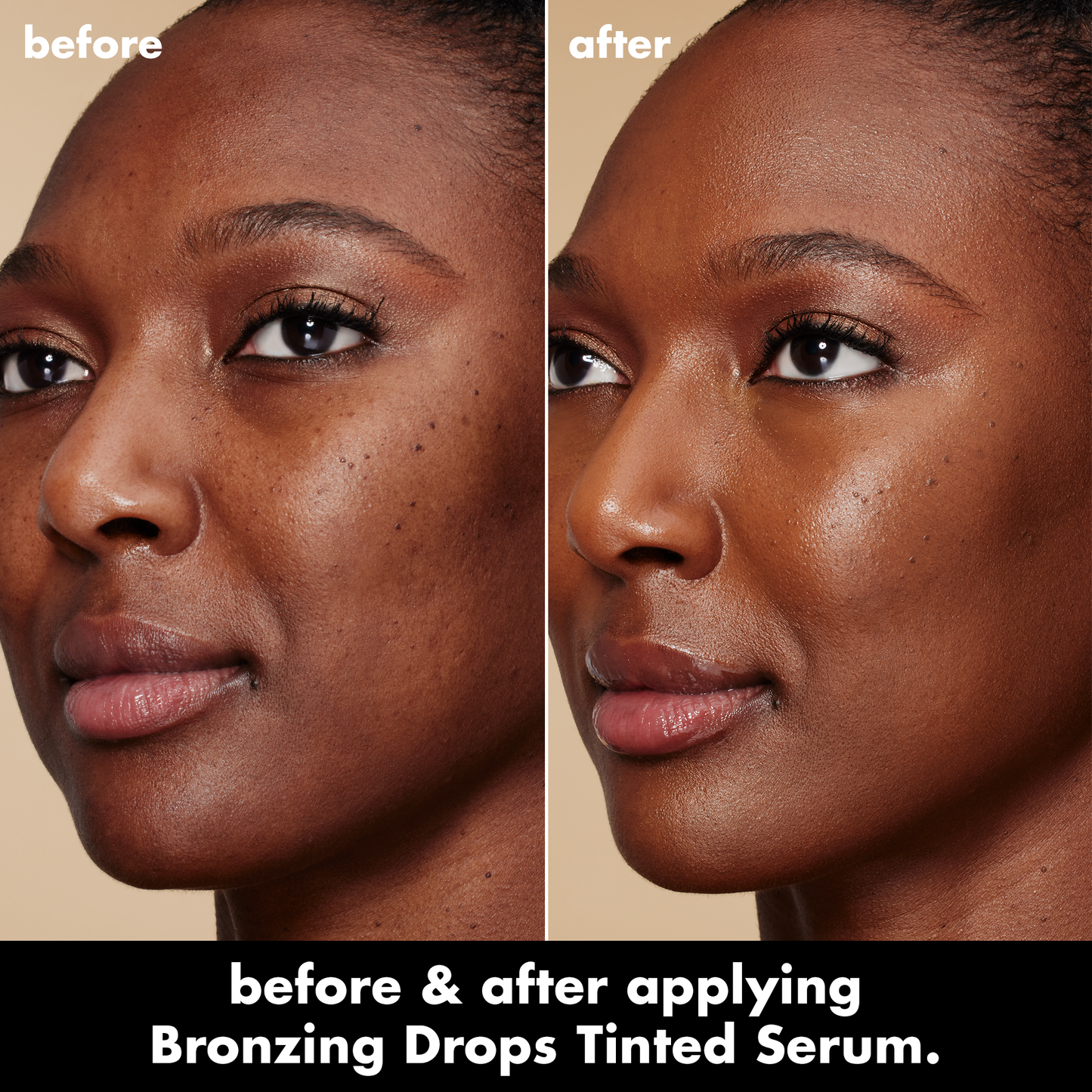 Before and after comparison of a woman's face applying Bronzing Drops Tinted Serum.