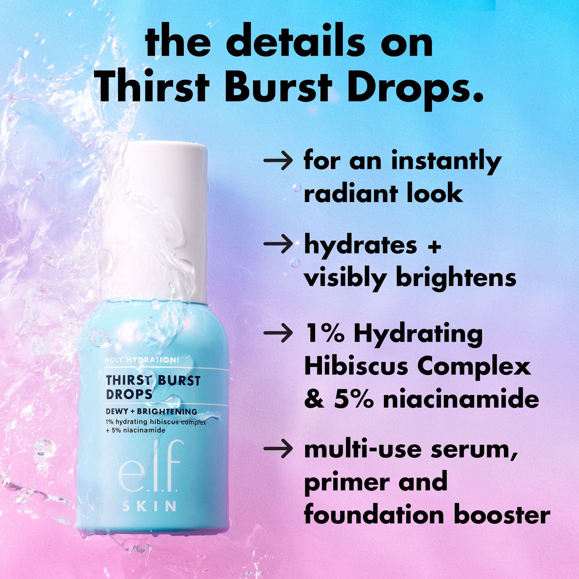 Brightening serum bottle with text detailing Thirst Burst Drops' benefits on a colorful background