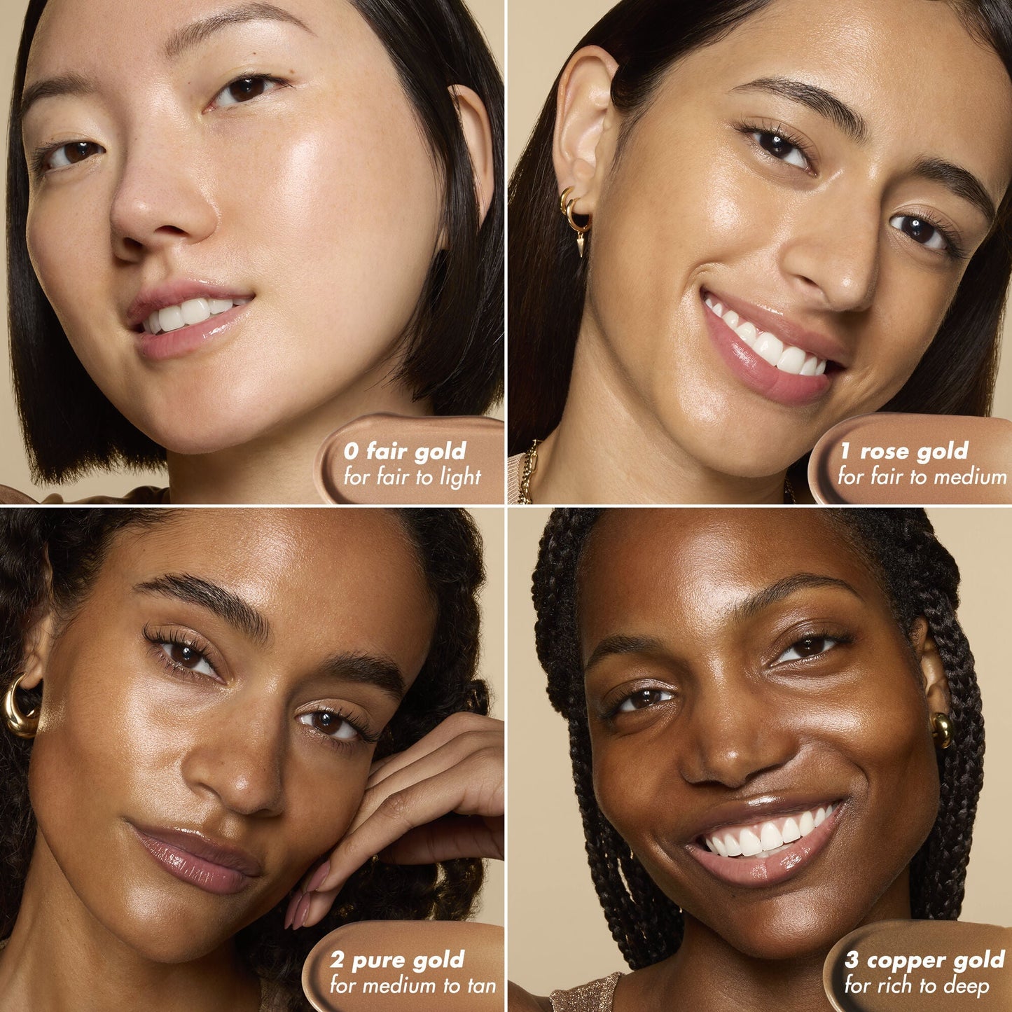 Four women wearing bronzing drops and a color swatch labeled '0 fair gold' to '3 copper gold'.