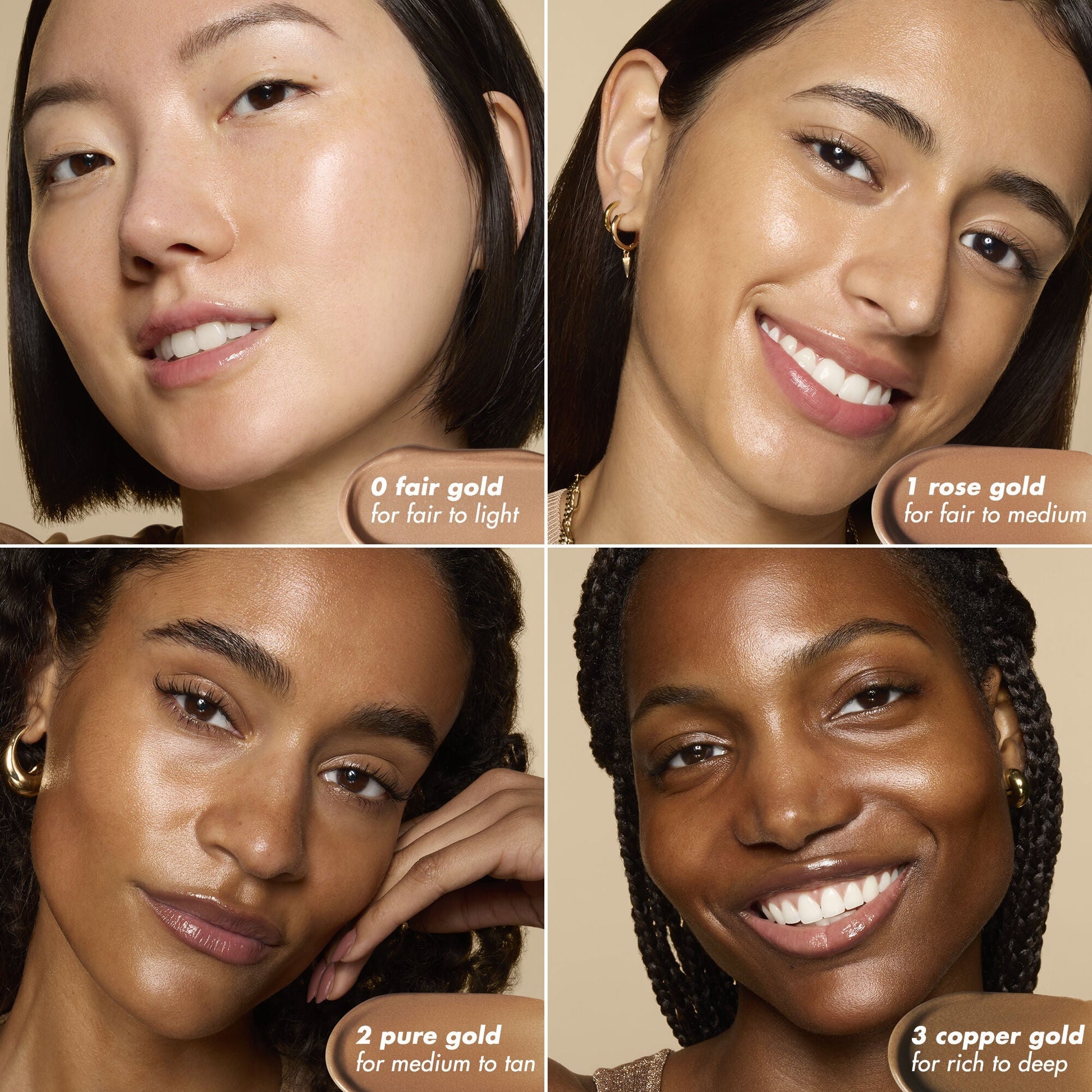 Four women wearing bronzing drops and a color swatch labeled '0 fair gold' to '3 copper gold'.