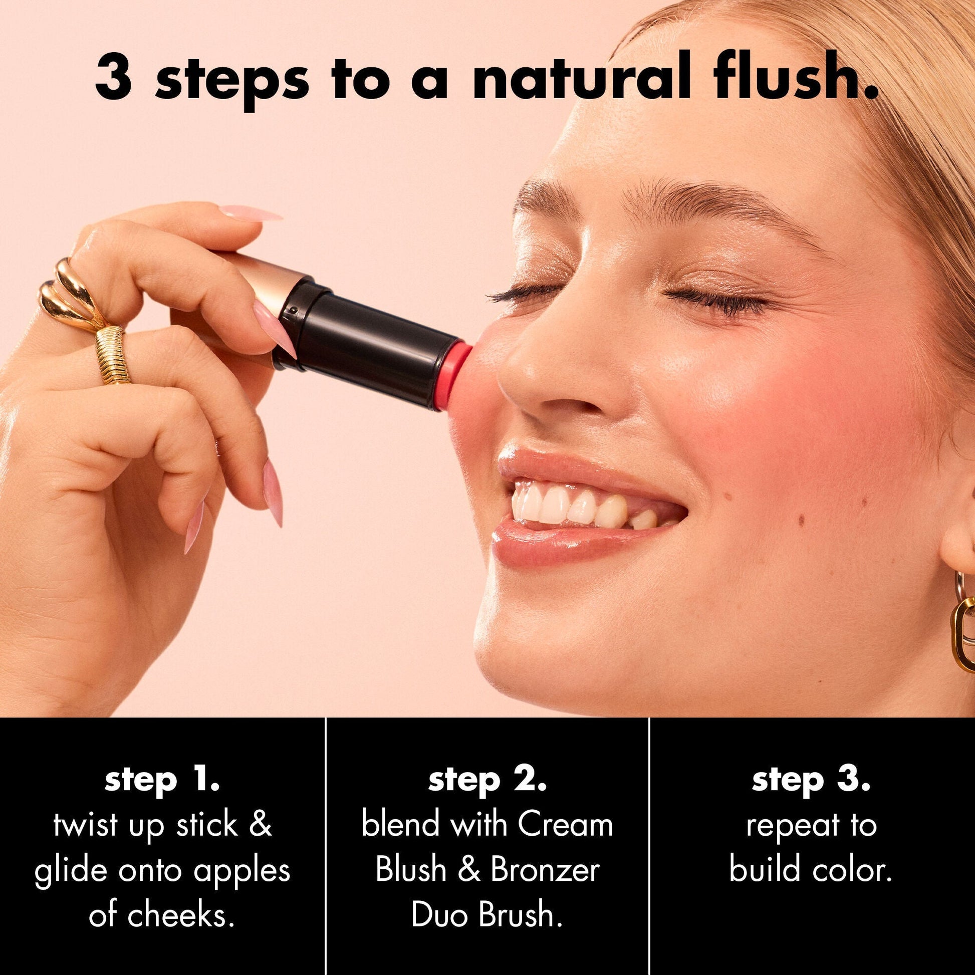 Woman applying Soft Glam Cream Blush how to achieve a natural flush.